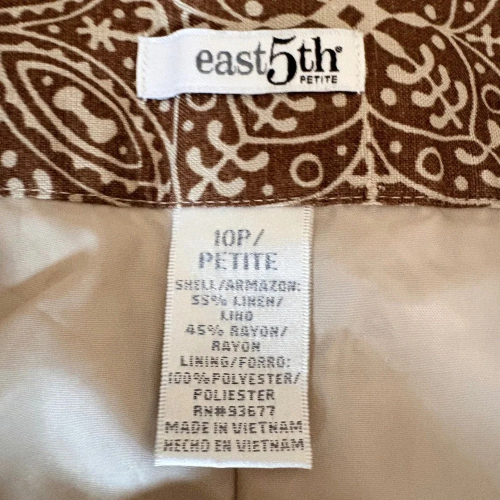 East 5th Brown Geometric Medallion A-Line Linen Blend Skirt lined 10 petite